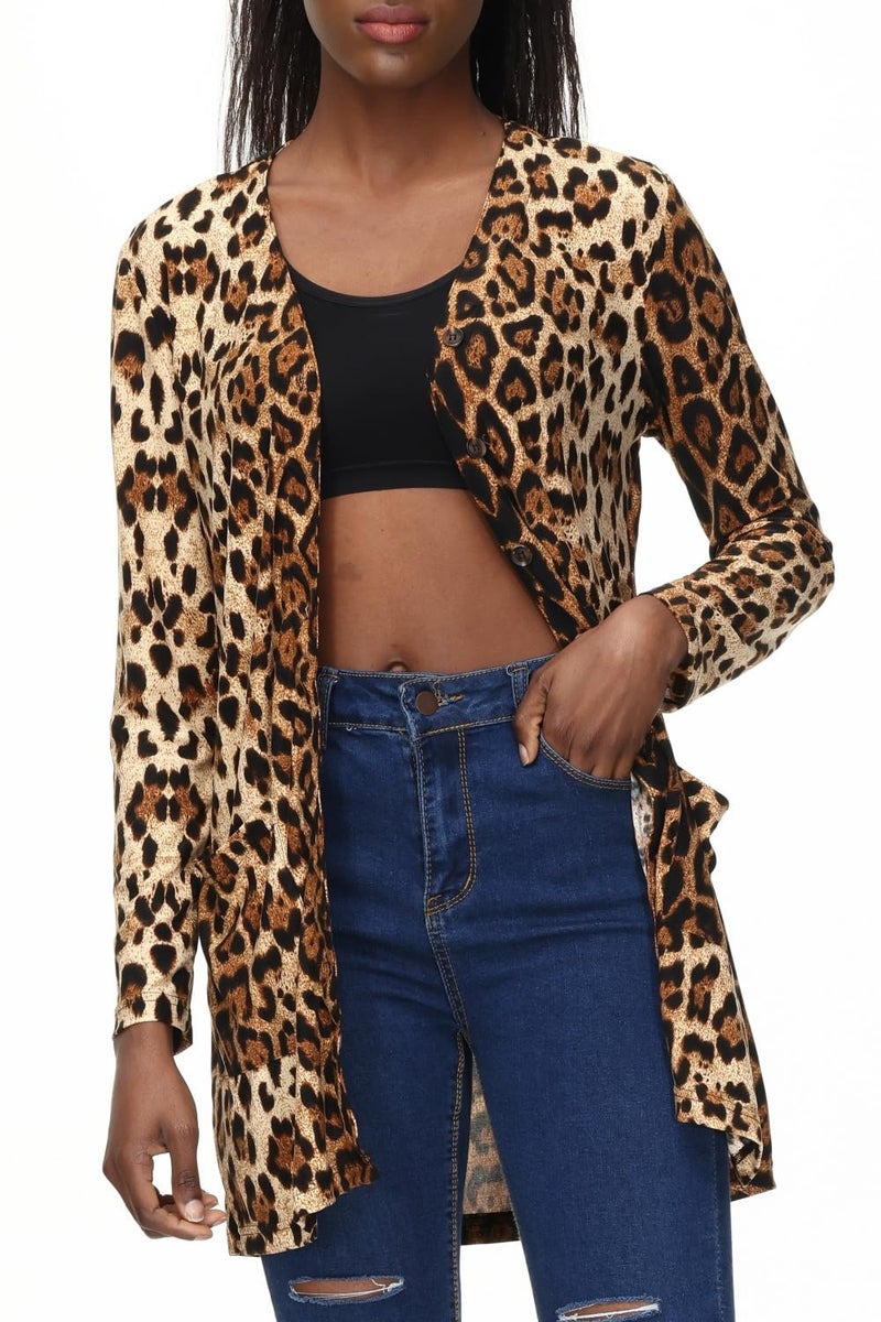QegarTop Shirt Cardigan for Women Printed Cardigan Leopard Coat Long Sleeve Open Front Cardigan Top w Pockets Brown - Image 3